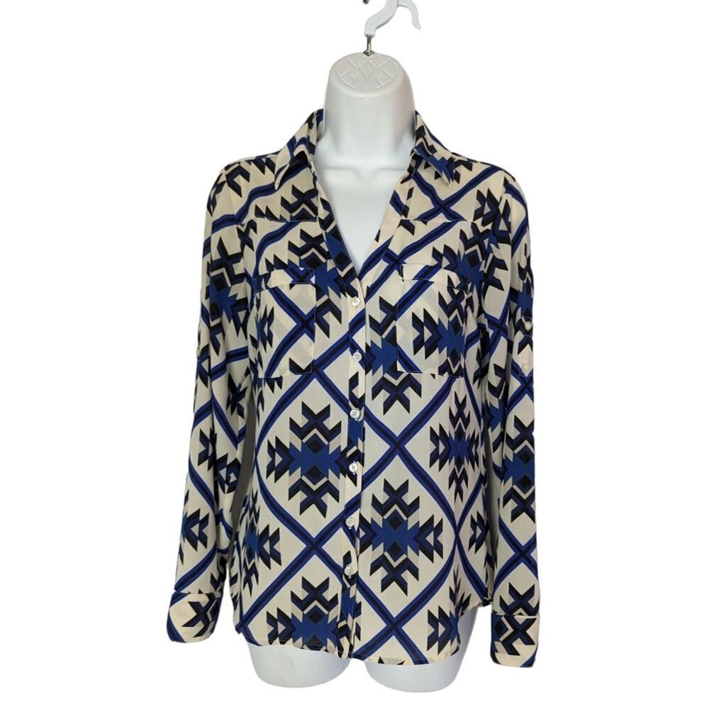 Express Factory Cream, Black & Blue Blouse Button up Tab Sleeve Size XS